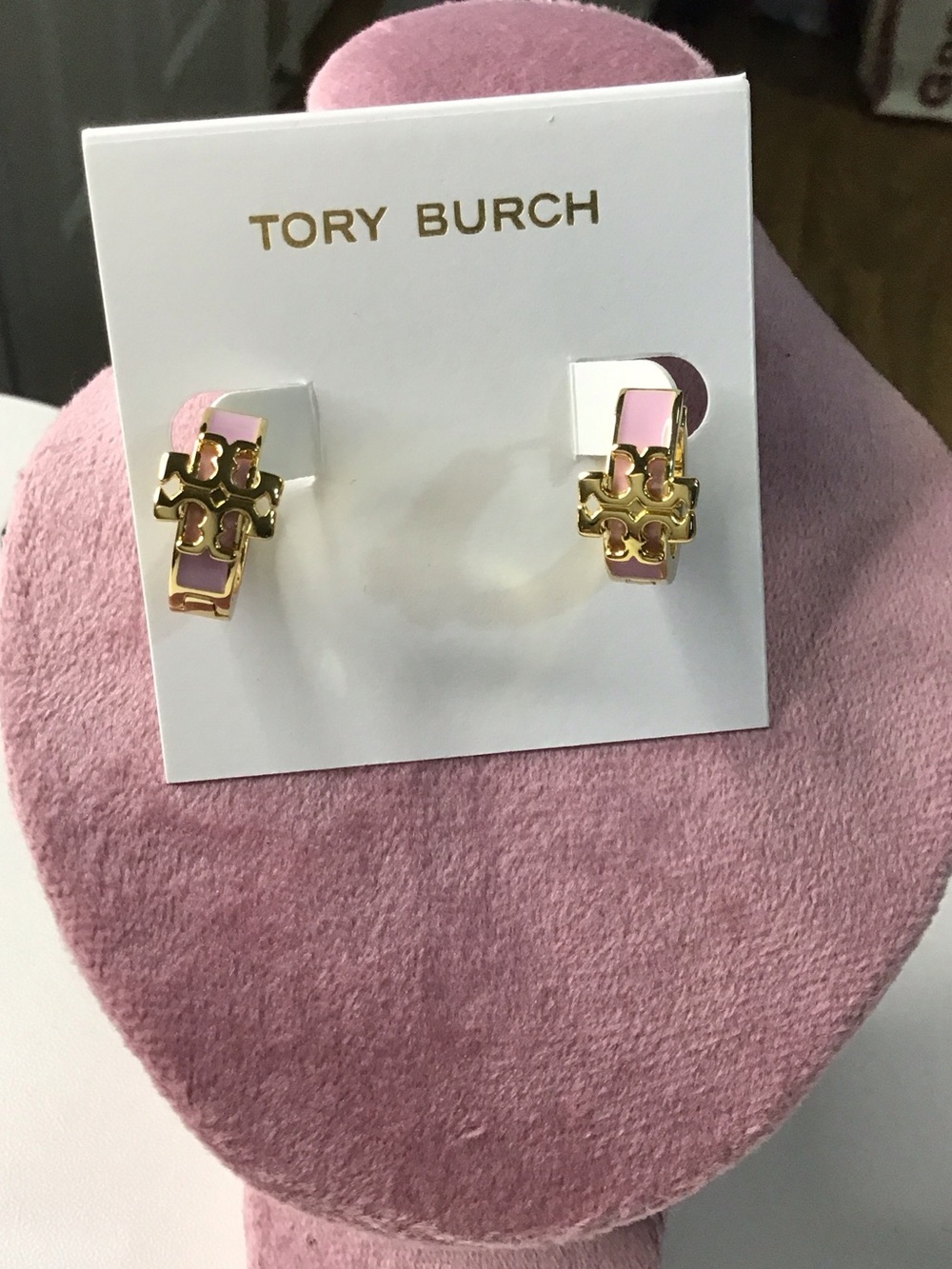 Tory Burch Pink and Gold Enamel Logo Hoop Earrings